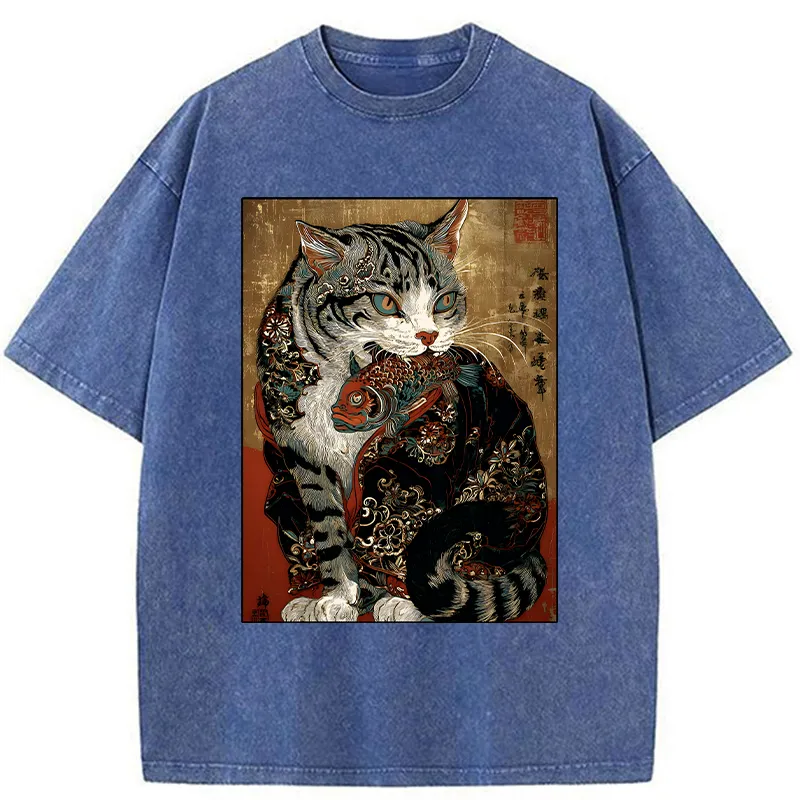 Tokyo-Tiger Gorgeous Cat Eats Fish Washed T-Shirt