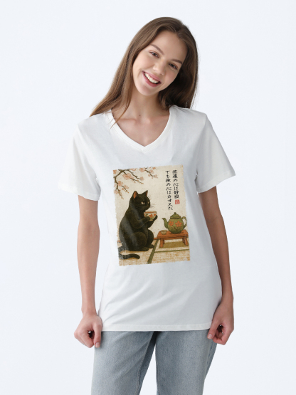 Tokyo-Tiger Tea Time With A Black Cat V-Neck Classic T-Shirt