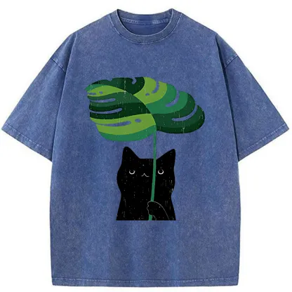 Tokyo-Tiger Monstera Deliciosa And Cat Washed T-Shirt