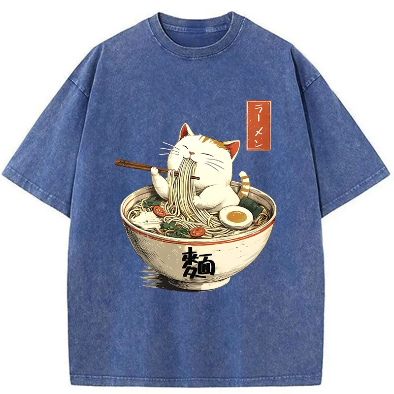 Tokyo-Tiger White Cat Eating Ramen Washed T-Shirt