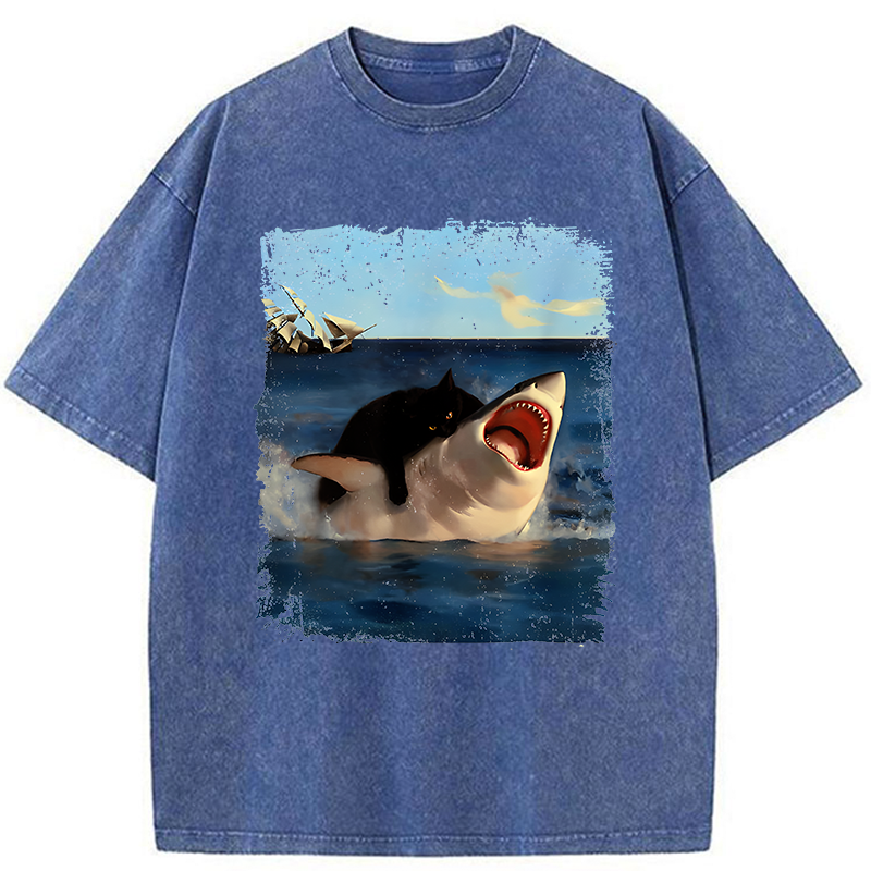 Tokyo-Tiger Cat Bites Shark Washed T-Shirt