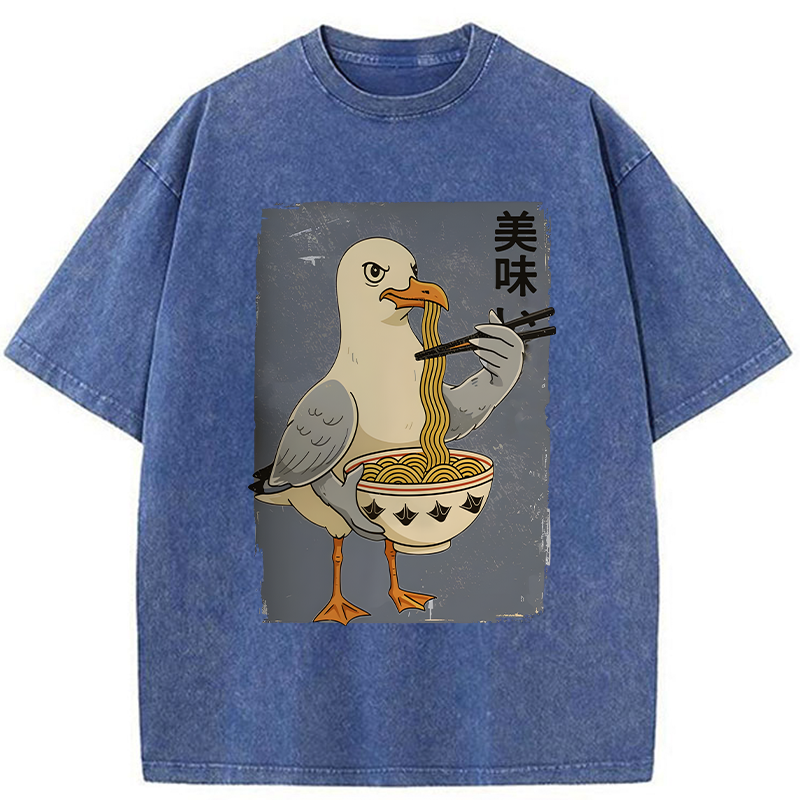 Tokyo-Tiger Pigeons Eating Ramen Washed T-Shirt