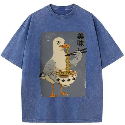 Tokyo-Tiger Pigeons Eating Ramen Washed T-Shirt