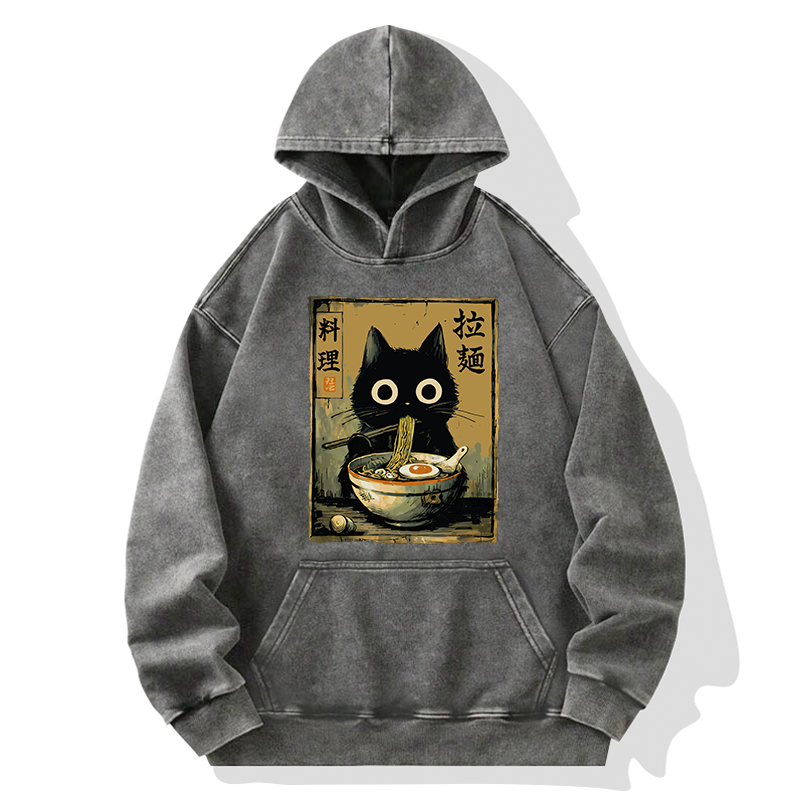 Tokyo-Tiger Cute Black Cat Eating Ramen Japan Washed Hoodie