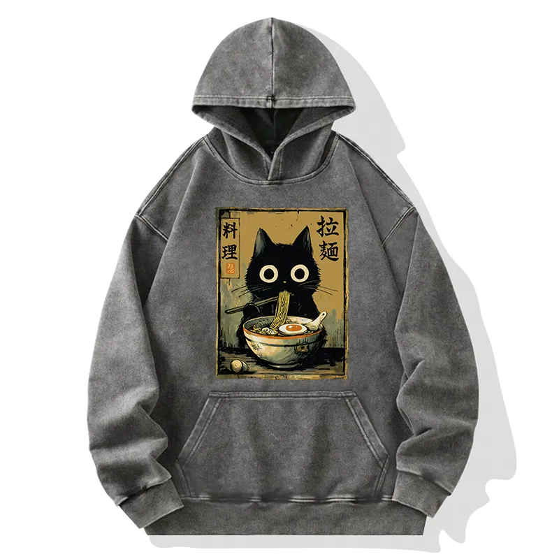 Tokyo-Tiger Cute Black Cat Eating Ramen Japan Washed Hoodie