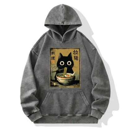 Tokyo-Tiger Cute Black Cat Eating Ramen Japan Washed Hoodie