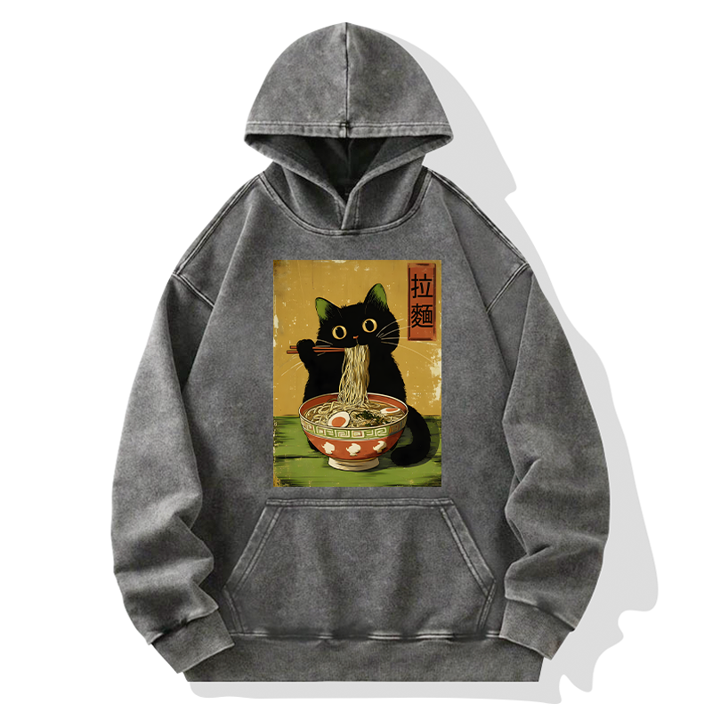 Tokyo-Tiger Vintage Japanese Cat Eating Ramen Washed Hoodie