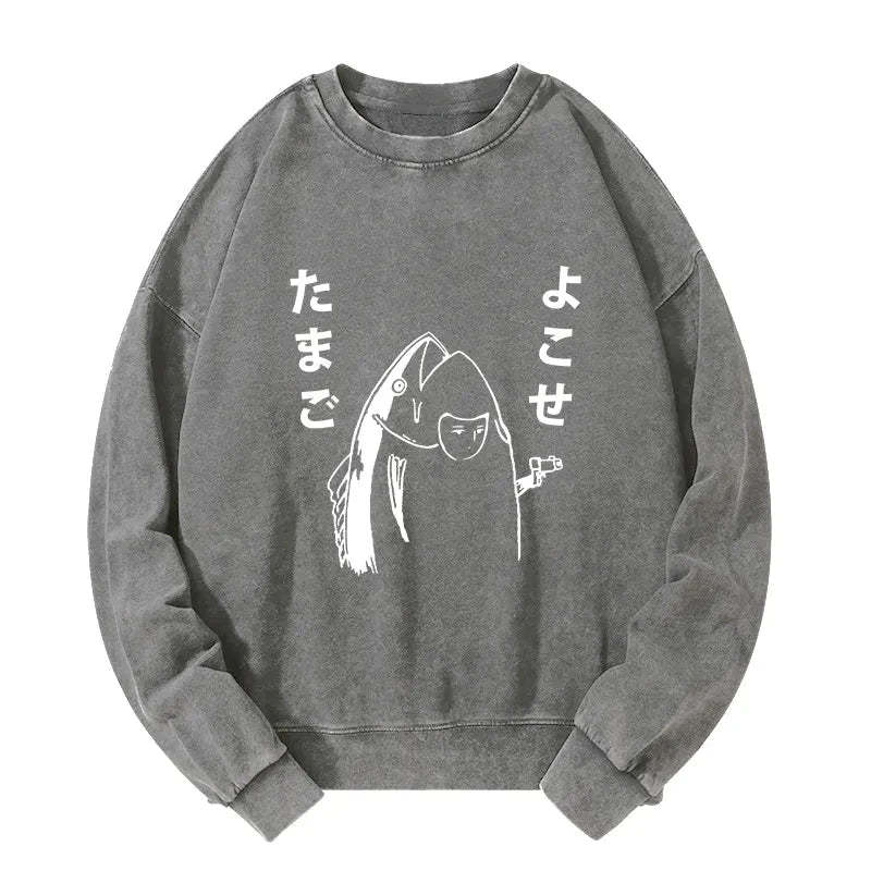 Tokyo-Tiger Japanese Fish Hold Up White Washed Sweatshirt