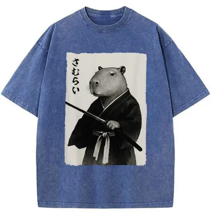 Tokyo-Tiger Capybara Japanese Samurai Washed T-Shirt