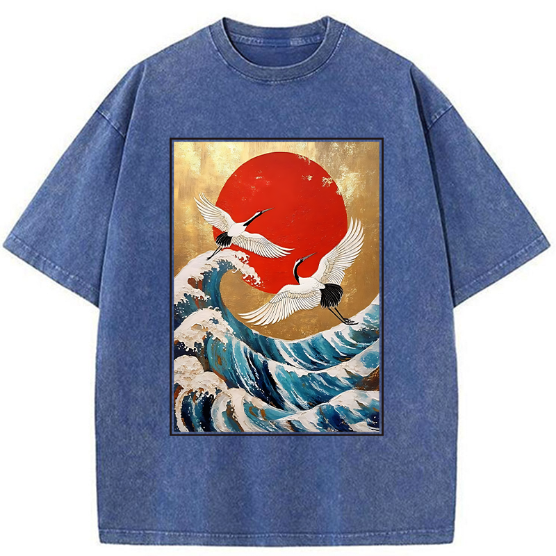 Tokyo-Tiger Cranes And Waves Ukiyo-e Washed T-Shirt