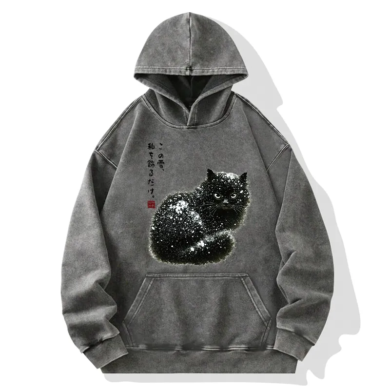 Tokyo-Tiger Black Cat Adorned by Snow Washed Hoodie