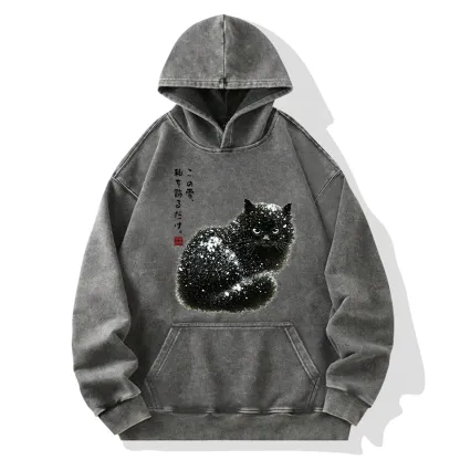Tokyo-Tiger Black Cat Adorned by Snow Washed Hoodie