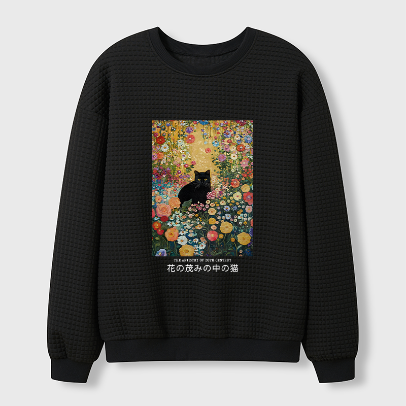Tokyo-Tiger Black Cat In The Flower Bushes Waffle Sweatshirt