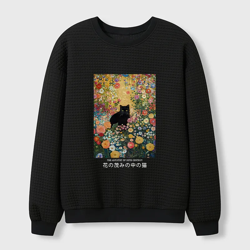 Tokyo-Tiger Black Cat In The Flower Bushes Waffle Sweatshirt