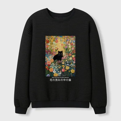 Tokyo-Tiger Black Cat In The Flower Bushes Waffle Sweatshirt