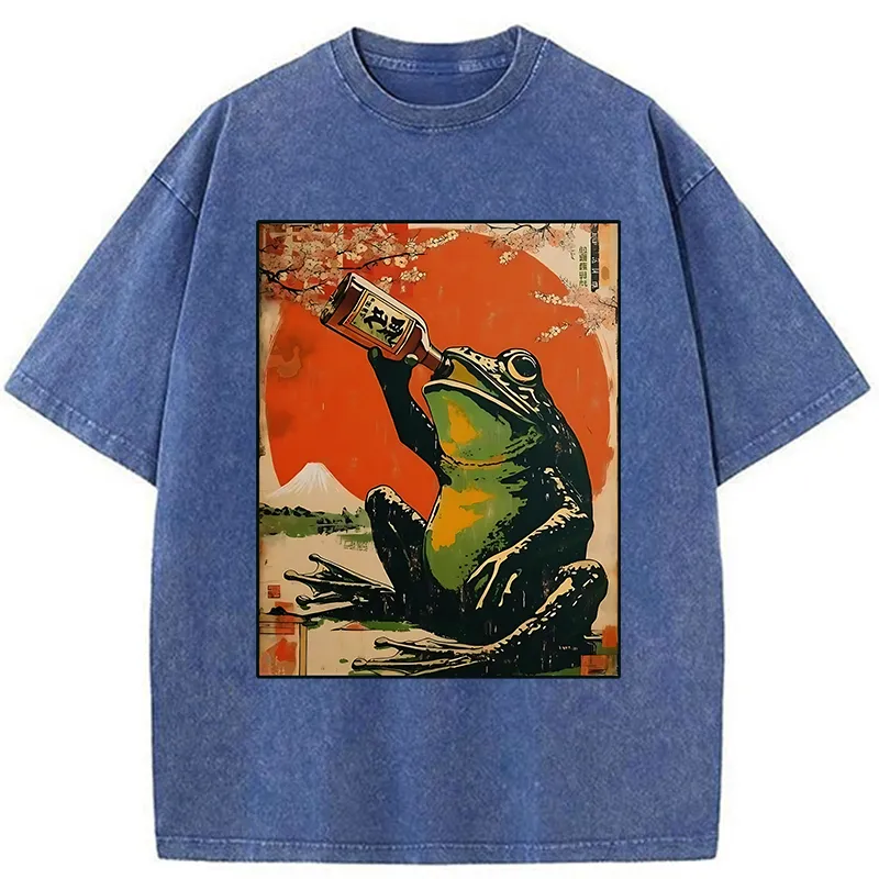 Tokyo-Tiger Frog Drinking Beer Washed T-Shirt