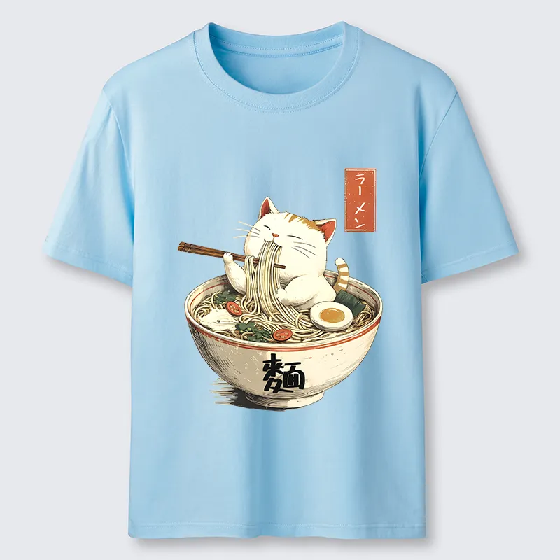 Tokyo-Tiger White Cat Eating Ramen Japan Classic T-Shirt
