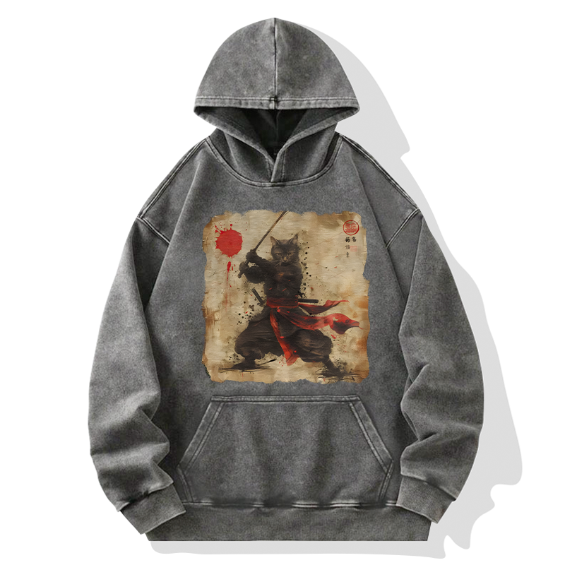 Tokyo-Tiger Retro Japanese Samurai Cat Washed Hoodie
