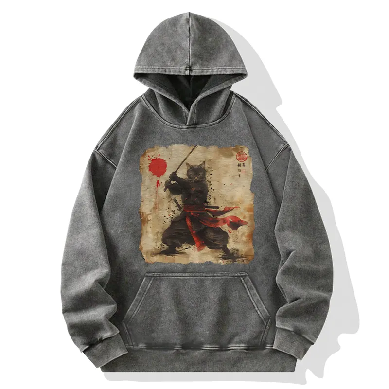 Tokyo-Tiger Retro Japanese Samurai Cat Washed Hoodie