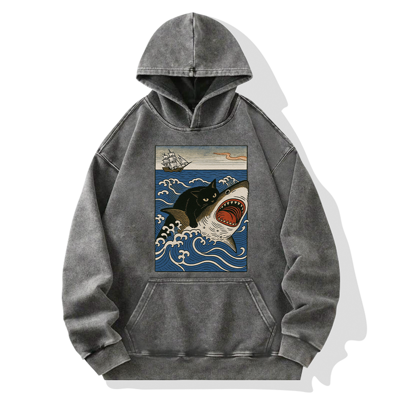 Tokyo-Tiger Cat Hunting Shark Washed Hoodie