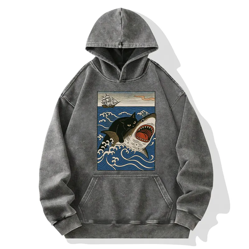Tokyo-Tiger Cat Hunting Shark Washed Hoodie
