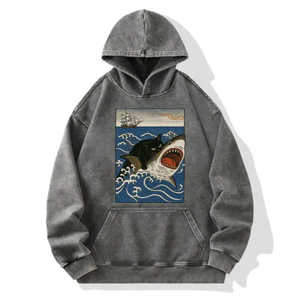 Tokyo-Tiger Cat Hunting Shark Washed Hoodie