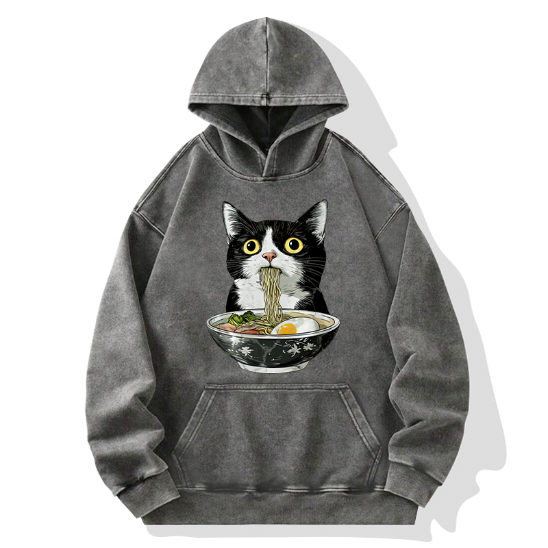 Tokyo-Tiger Cute Cat Eating Japan Ramen Washed Hoodie