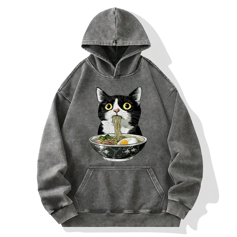 Tokyo-Tiger Cute Cat Eating Japan Ramen Washed Hoodie