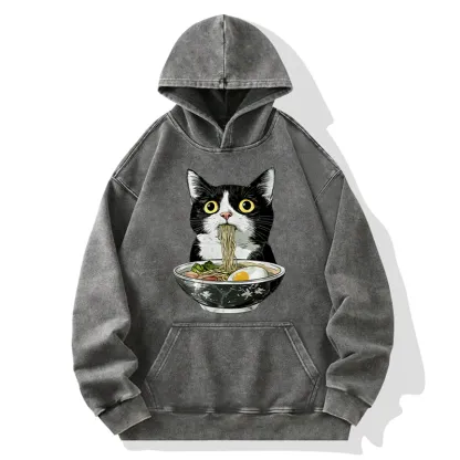 Tokyo-Tiger Cute Cat Eating Japan Ramen Washed Hoodie