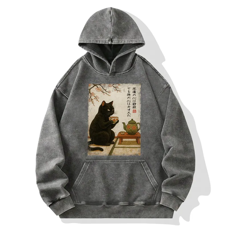 Tokyo-Tiger Tea Time With A Black Cat Washed Hoodie
