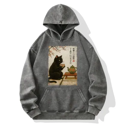 Tokyo-Tiger Tea Time With A Black Cat Washed Hoodie
