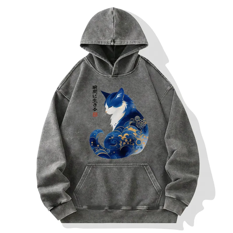 Tokyo-Tiger Retro Zen Cat: Living the Present Washed Hoodie