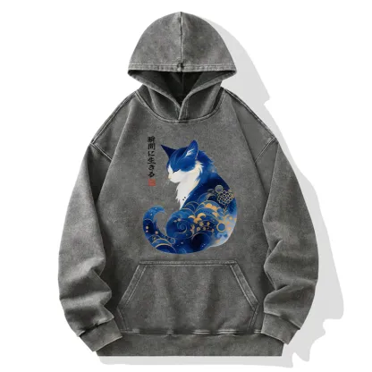 Tokyo-Tiger Retro Zen Cat: Living the Present Washed Hoodie
