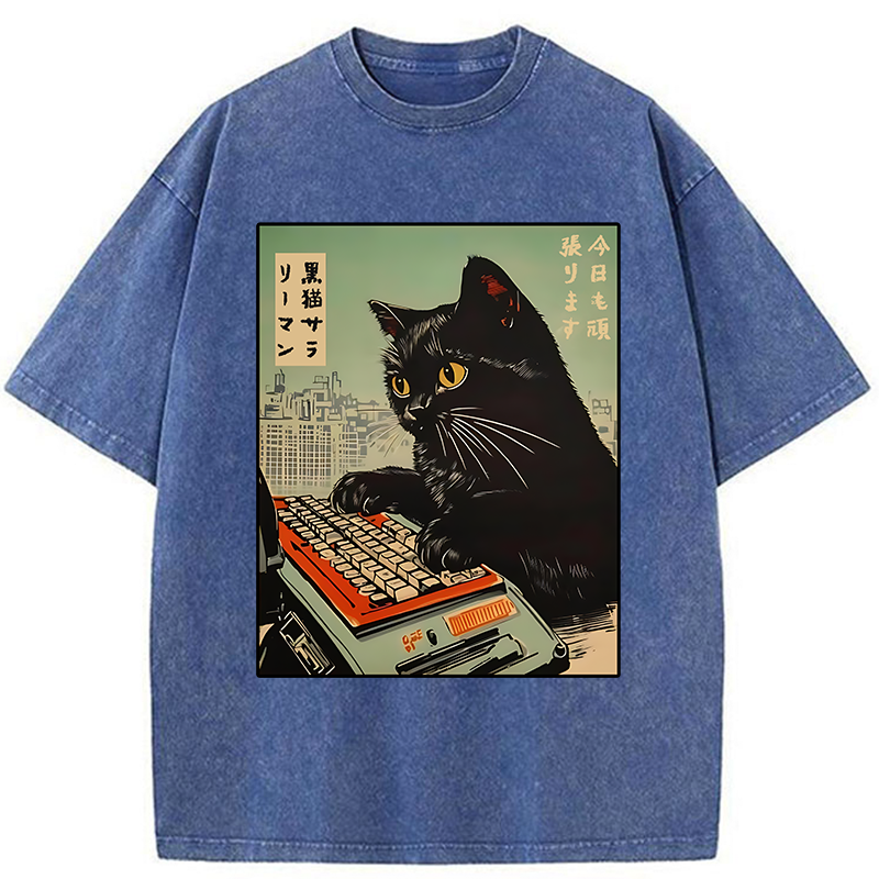 Tokyo-Tiger Cat Typing Washed T-Shirt