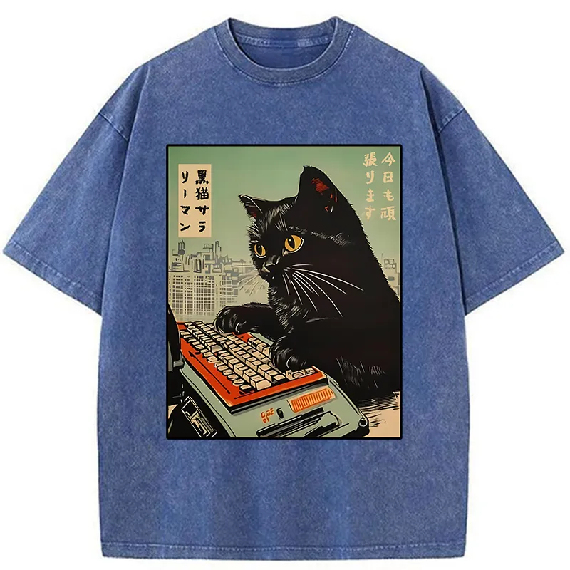 Tokyo-Tiger Cat Typing Washed T-Shirt