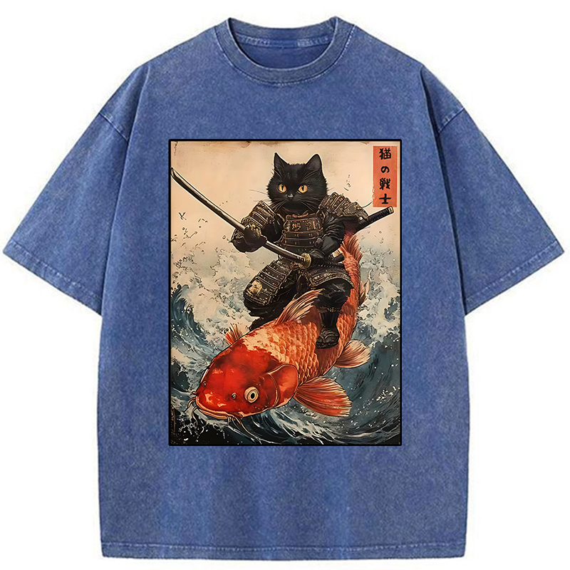 Tokyo-Tiger Cat Samurai Rides Koi Carp Washed T-Shirt