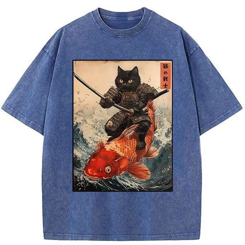 Tokyo-Tiger Cat Samurai Rides Koi Carp Washed T-Shirt Sale