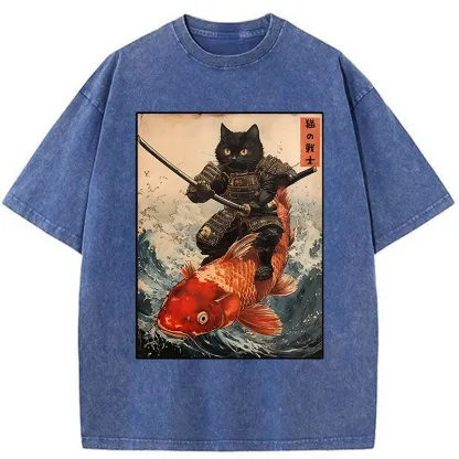 Tokyo-Tiger Cat Samurai Rides Koi Carp Washed T-Shirt