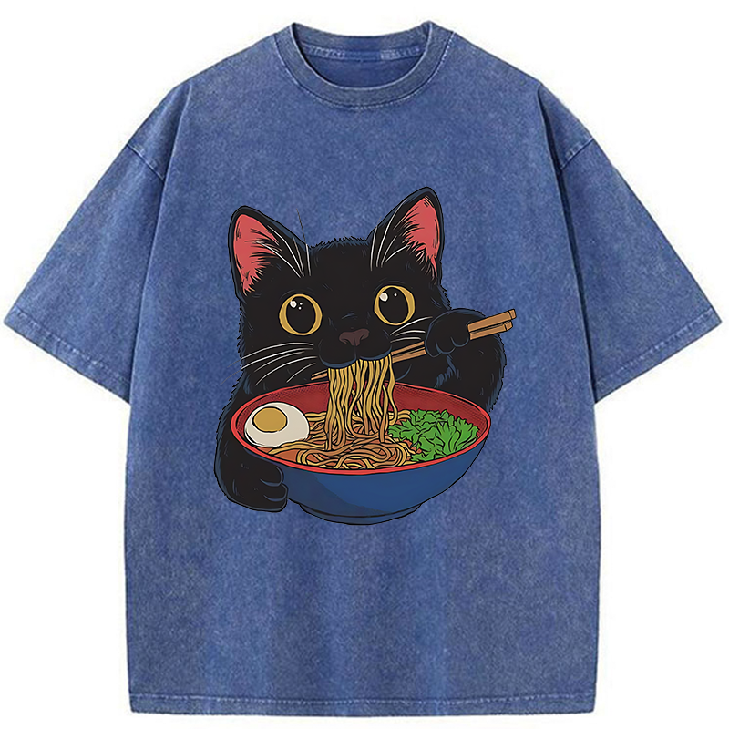 Tokyo-Tiger Black Cat Ate Japan Ramen Washed T-Shirt