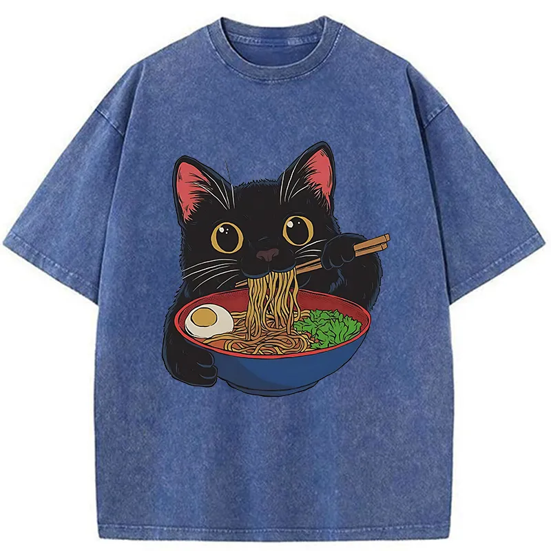 Tokyo-Tiger Black Cat Ate Japan Ramen Washed T-Shirt