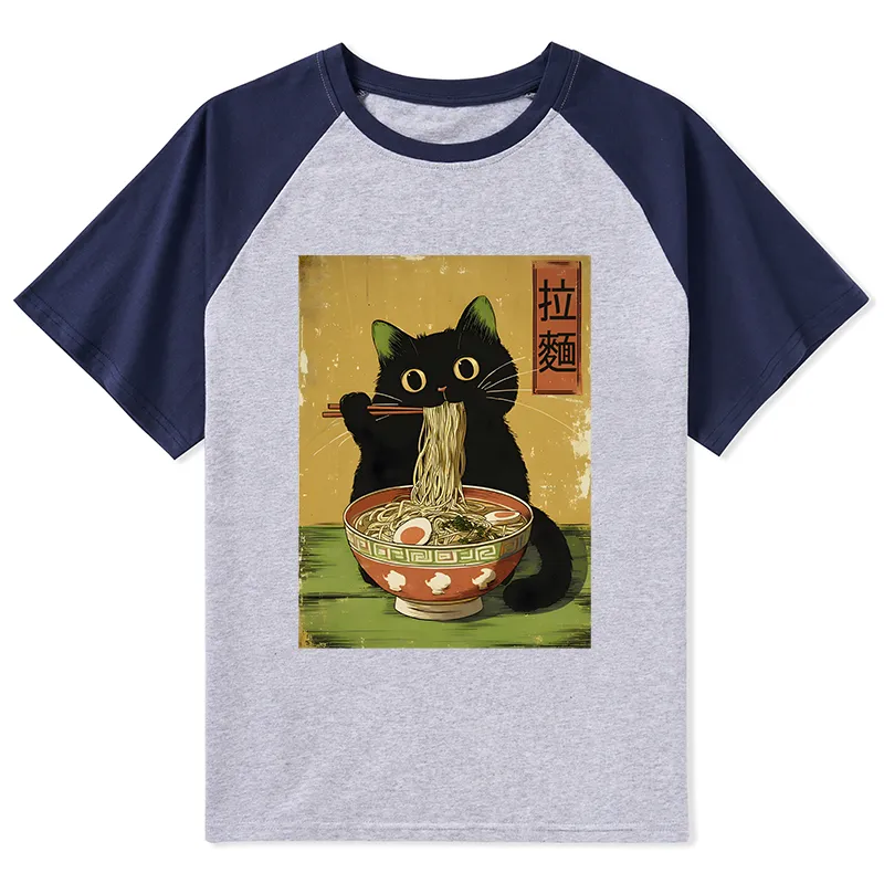 Tokyo-Tiger Vintage Japanese Cat Eating Ramen Raglan T-shirt