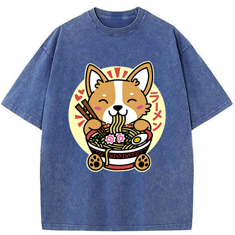 Tokyo-Tiger Corgi Eats Ramen Washed T-Shirt