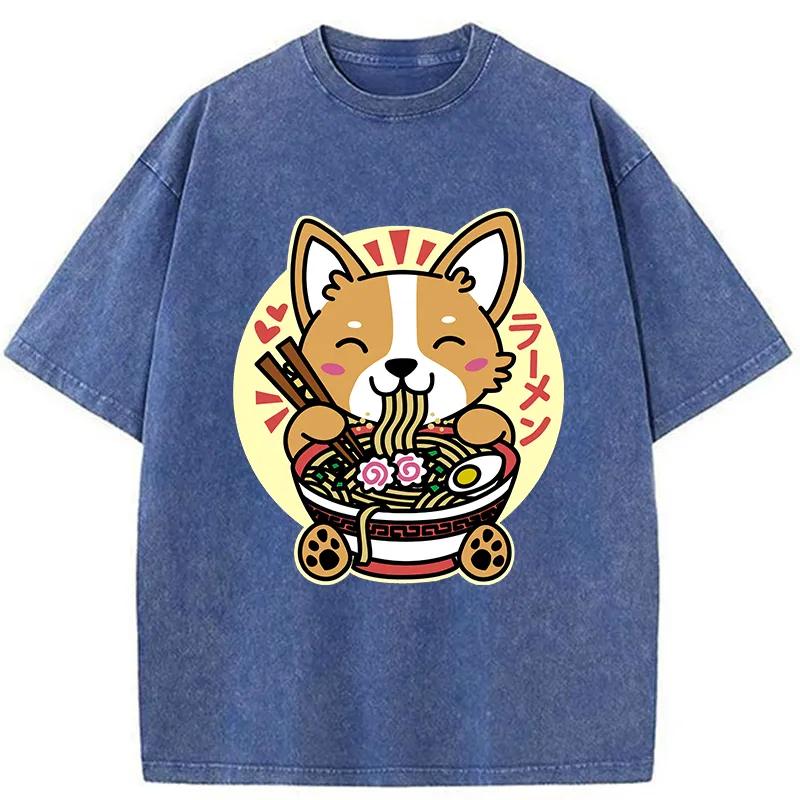 Tokyo-Tiger Corgi Eats Ramen Washed T-Shirt