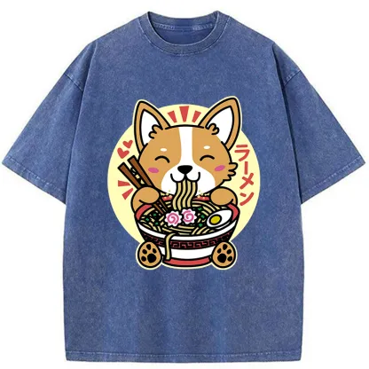 Tokyo-Tiger Corgi Eats Ramen Washed T-Shirt