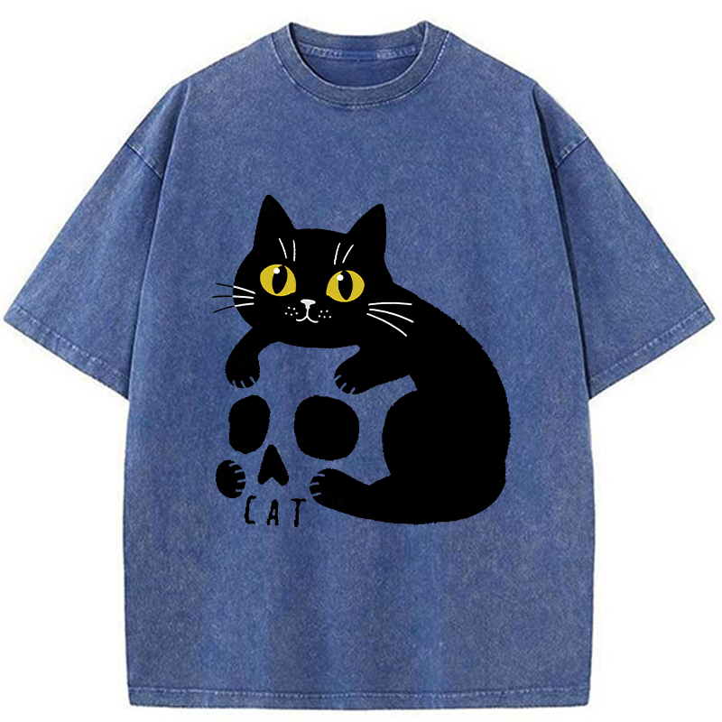 Tokyo-Tiger Cat And Skull Washed T-Shirt