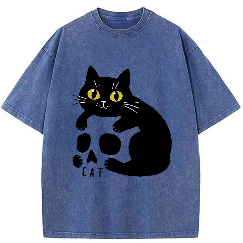 Tokyo-Tiger Cat And Skull Washed T-Shirt