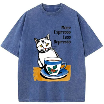 Tokyo-Tiger Cute Cat Drinking Coffee Washed T-Shirt