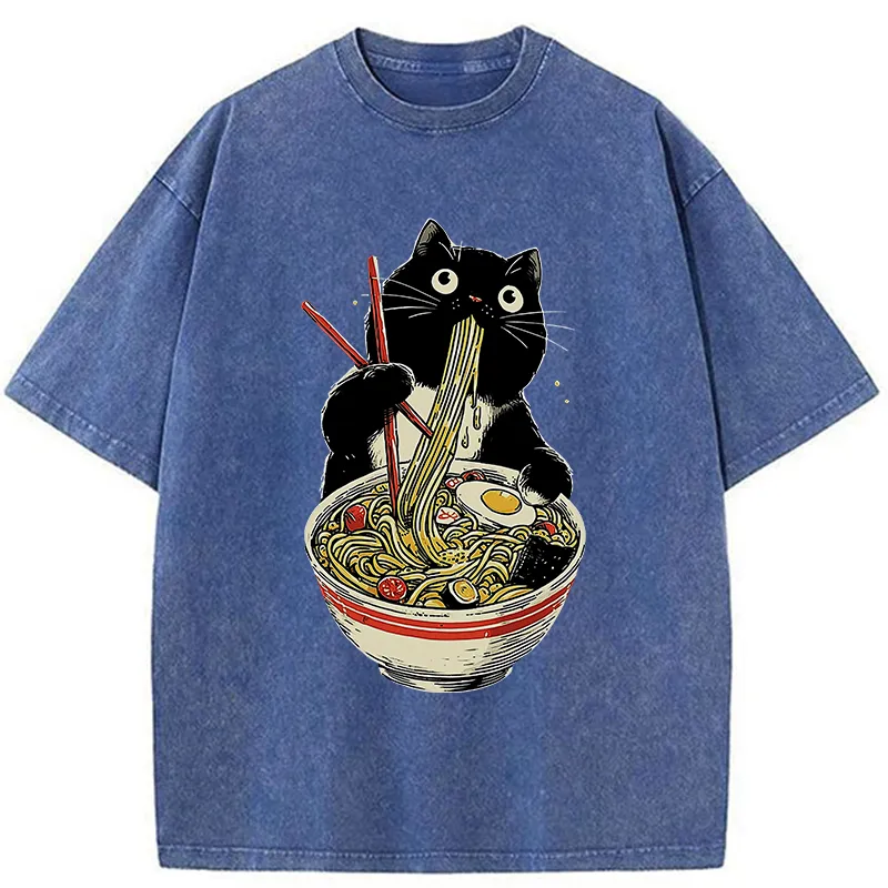 Tokyo-Tiger Black Cat Eats Ramen Japanese Washed T-Shirt