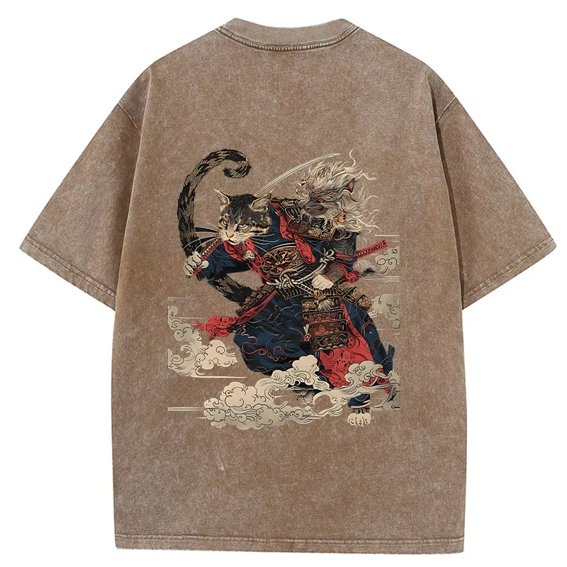 Tokyo-Tiger Gorgeous Samurai Cat Washed T-Shirt