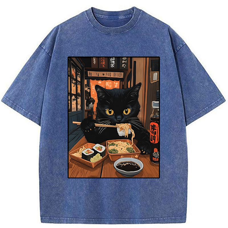 Tokyo-Tiger Black Cat Eating At Sushi Restaurant Washed T-Shirt